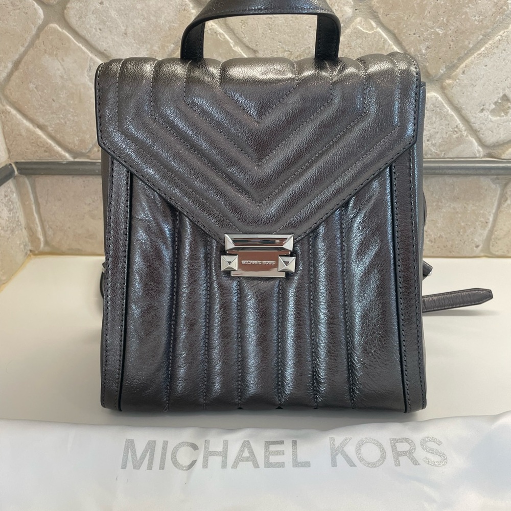 Michael Kors Silver Metallic Leather Backpack
